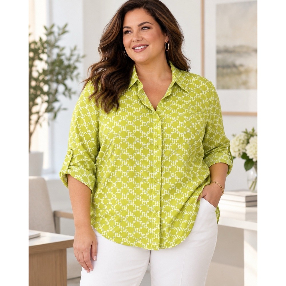 Jones New York Signature Woman 2X Chartreuse Geometric Button Up Blouse Roll Tab